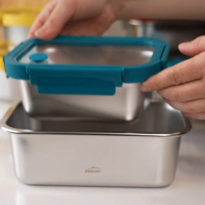 Lacor Etern - Recipiente Rectangular de Acero Inoxidable y Tapa de Cristal Apto Microondas