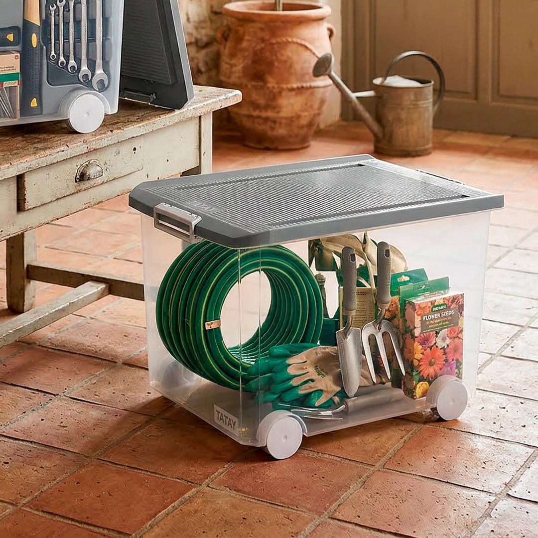 TATAY - Caja de Ordenación Multiusos de 60L con Cierre Hermético, Ruedas y Asas. Gris