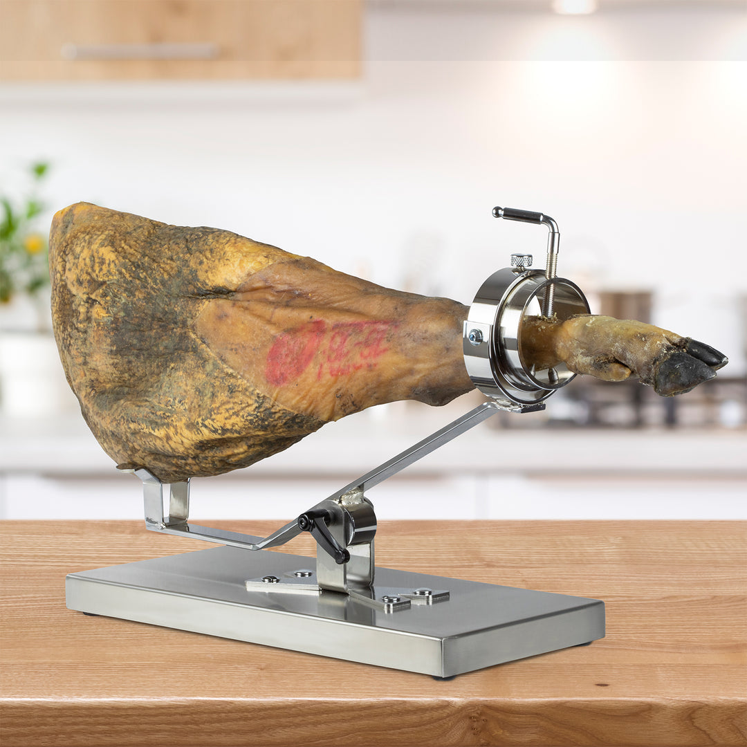 BELLO Mulhacén - Soporte Jamonero Basculante en Acero Inoxidable con Cubrejamón
