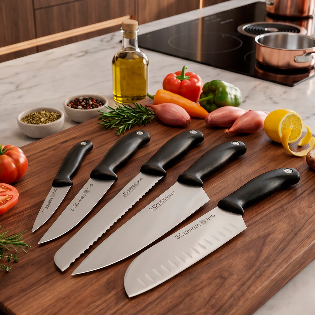 3 Claveles EVO - Set de 3 Cuchillos Mondador, Puntilla y Verduras en Acero Inoxidable