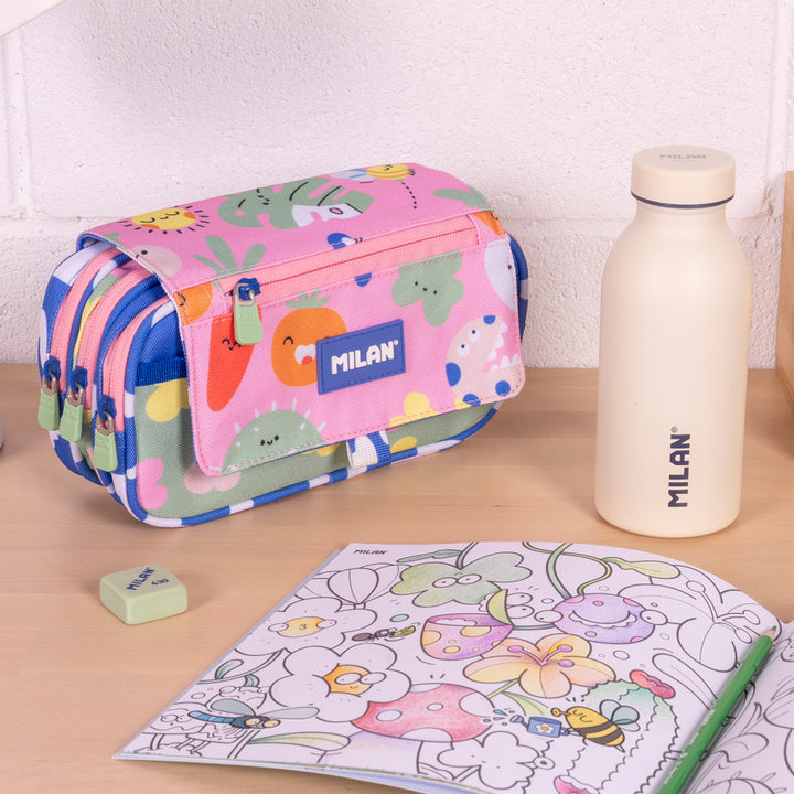 Milan Green Grow - Estuche Portatodo Triple con Cuatro Cremalleras para Material Escolar