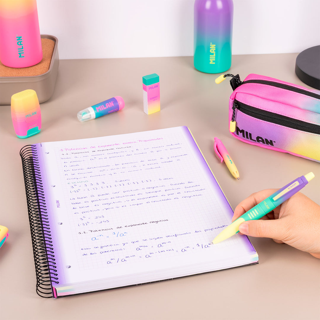 MILAN Sunset - Pack 3 Cuadernos A4 Espiral y Tapa Dura. Papel Cuadriculado 90 Hojas 95gr