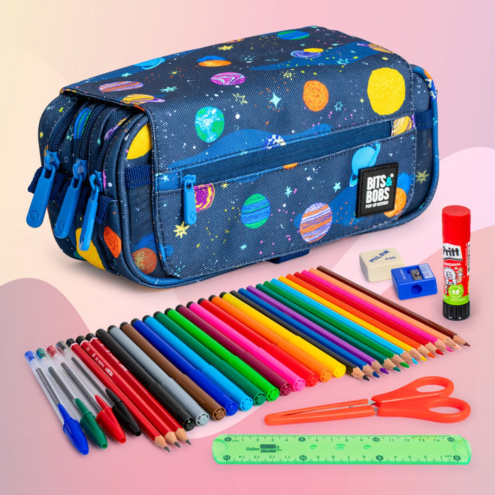 Grafoplás Design - Estuche Portatodo Triple con Solapa para Material Escolar. Space