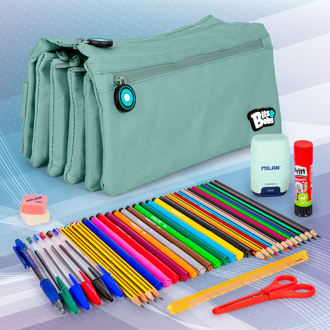 ColePack BitsBobs - Estuche Escolar Cuádruple de 4 Cremalleras y Material Incluido. Azul Soft