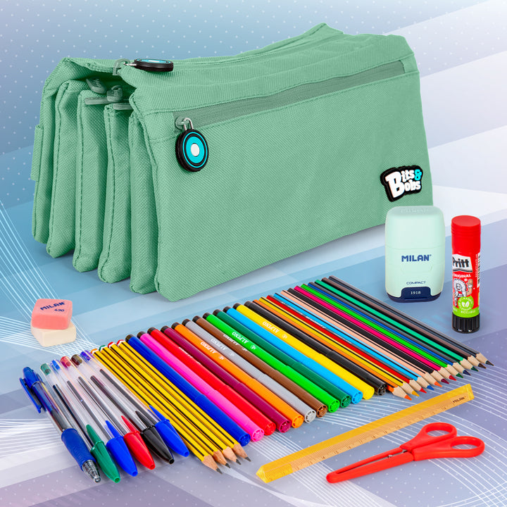 Grafoplás - Estuche Portatodo Cuádruple de Alta Capacidad para Material Escolar. Mint Soft