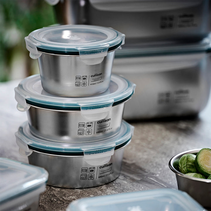 Cuitisan Simple - Lote de 4 Recipientes Redondos de 0.3L, 0.4L, 0.6L y 0.9L en Acero Apto Microondas