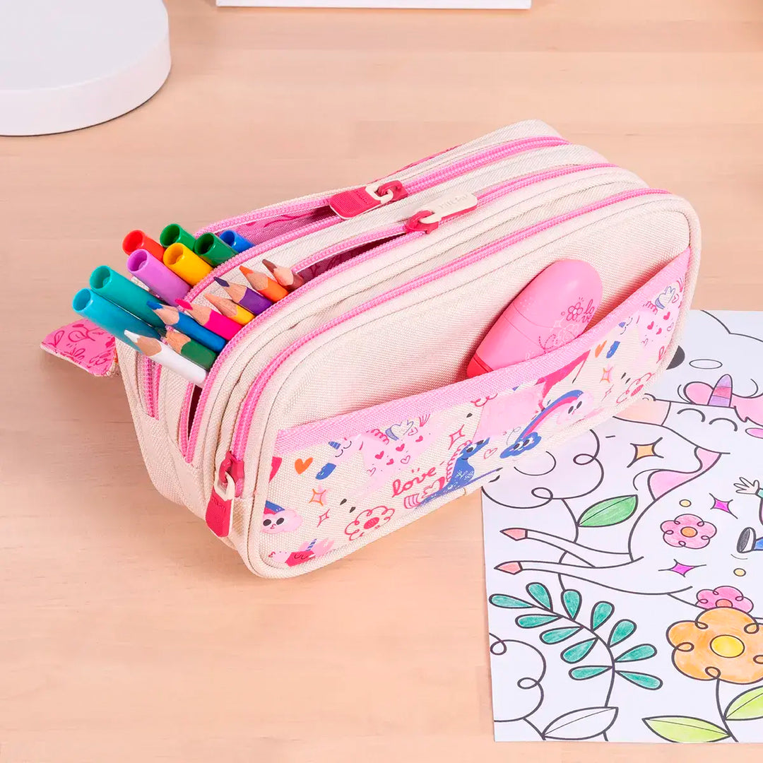 ColePack PRO Milan - Estuche Triple de 3 Cremalleras y Material Escolar Incluido. Flowicorn