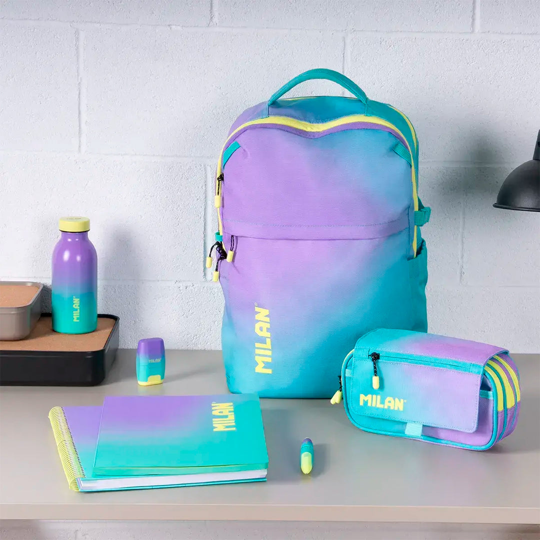 ColePack PRO Milan - Estuche Triple de 3 Cremalleras y Material Escolar. Sunset Turquesa