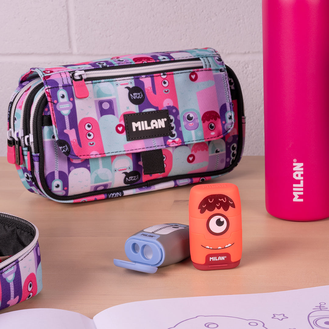 ColePack ECO Milan - Estuche Triple de 3 Cremalleras y Material Escolar Incluido. Aliens