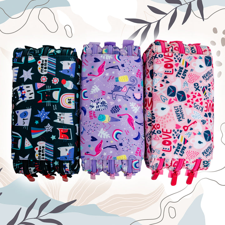 ColePack EcoDes - Estuche Triple de 3 Cremalleras con Material Escolar Incluido. Happy