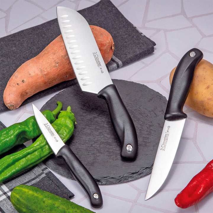 Claveles EVO - Set de 3 Cuchillos de Verduras, Cocina y Santoku en Acero Inoxidable