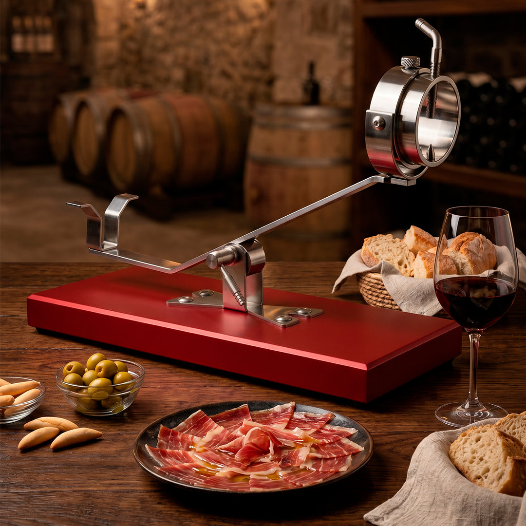 BELLO Aneto - Soporte Jamonero Basculante DM Acero Inoxidable Cabezal Giratorio