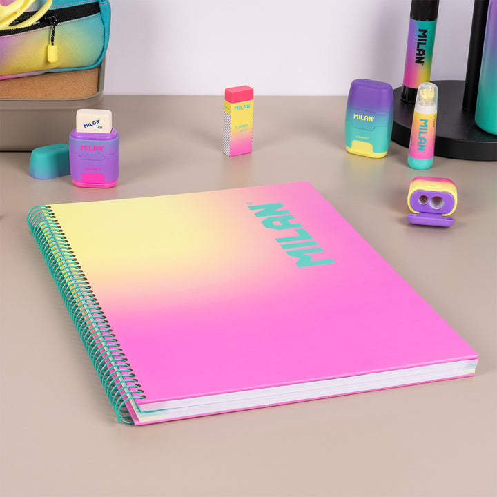 MILAN Sunset - Pack 3 Cuadernos A4 Espiral y Tapa Dura. Papel Pautado 90 Hojas 95gr Rosa
