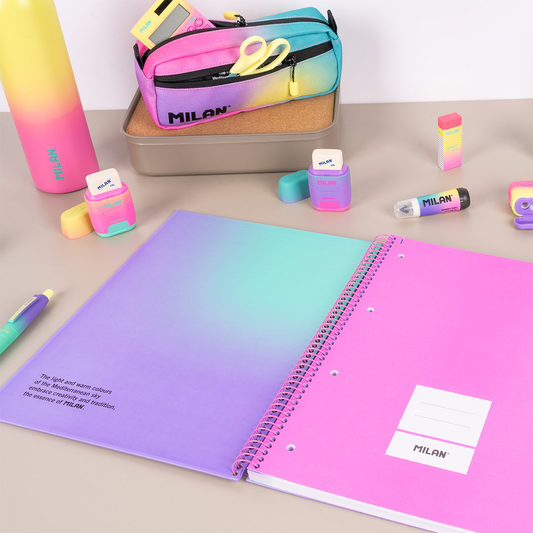 MILAN Sunset - Pack 3 Cuadernos A4 Espiral y Tapa Dura. Papel Cuadriculado 90 Hojas 95gr Lila