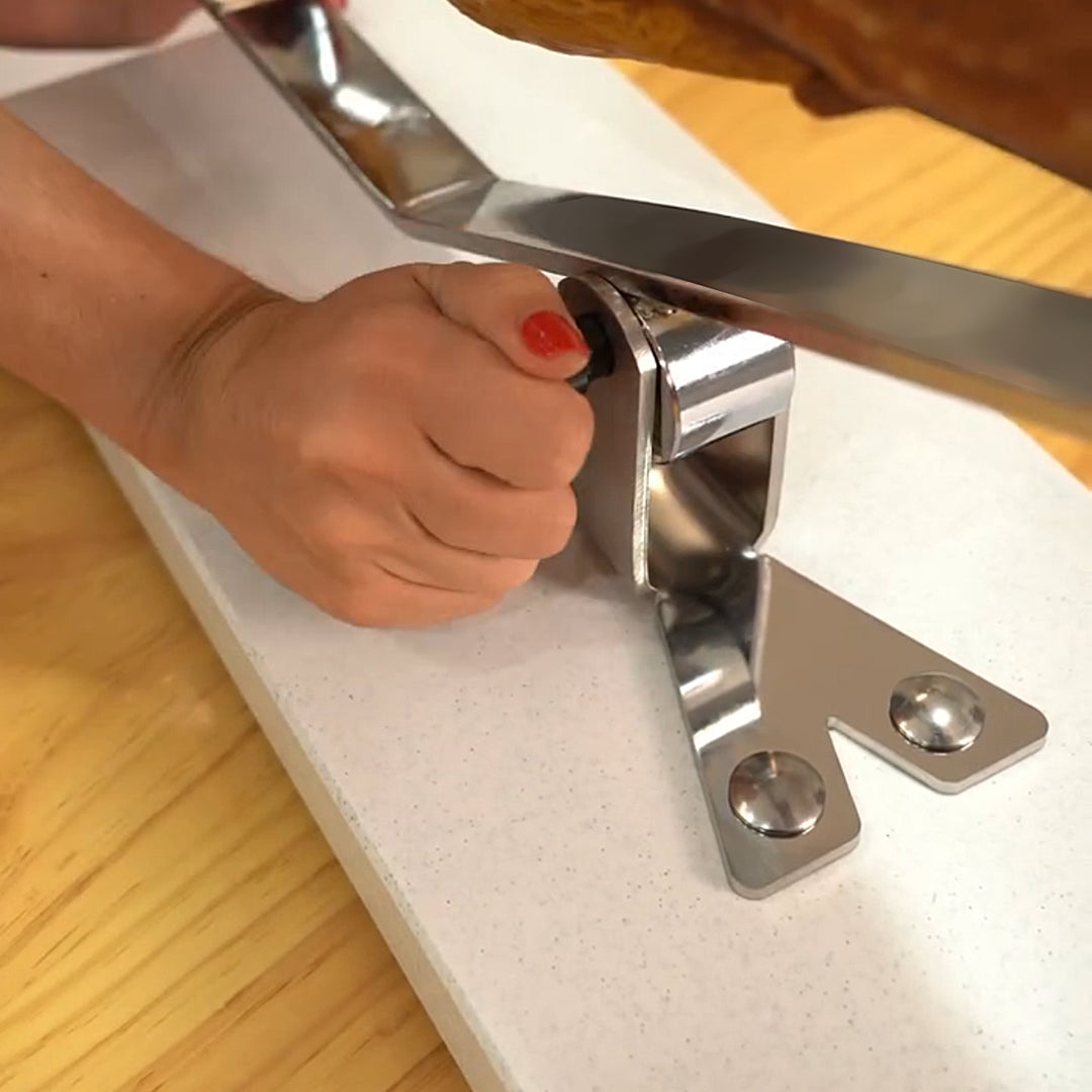 BELLO Teide - Soporte Jamonero Basculante en Fibra Negra y Acero Inoxidable con Cubrejamón