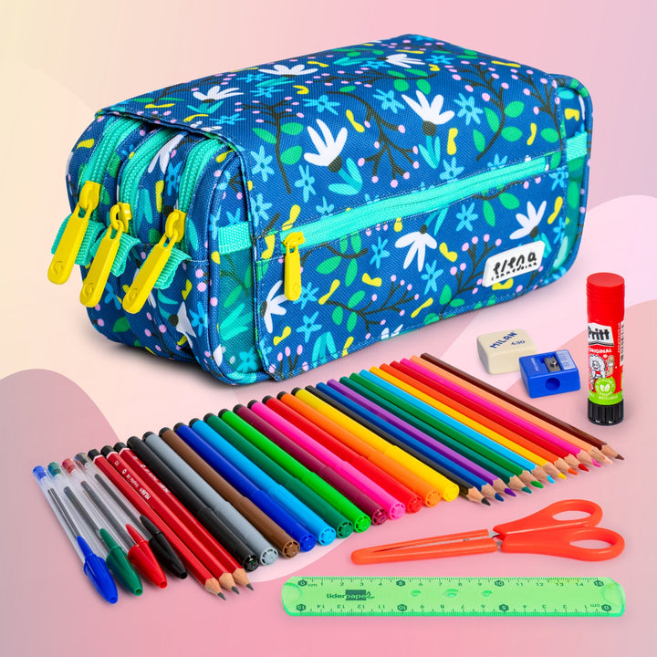 ColePack EcoDes - Estuche Triple de 3 Cremalleras con Material Escolar Incluido. Blue Garden