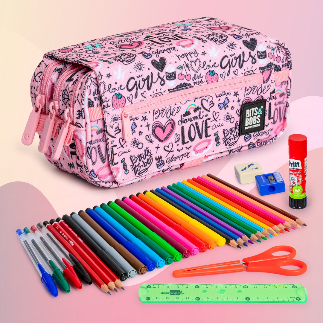 ColePack EcoDes - Estuche Triple de 3 Cremalleras con Material Escolar Incluido. Sweet