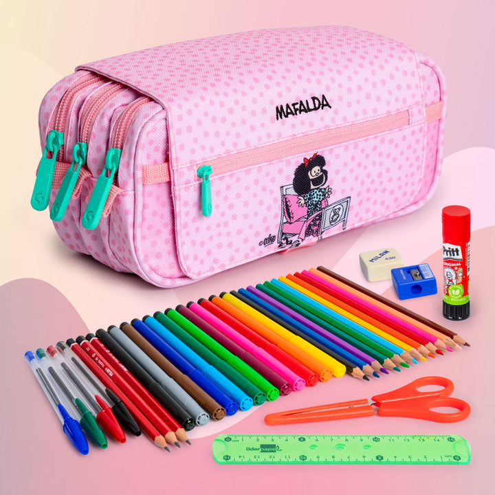 ColePack EcoDes - Estuche Triple de 3 Cremalleras con Material Escolar Incluido. Mafalda Morning