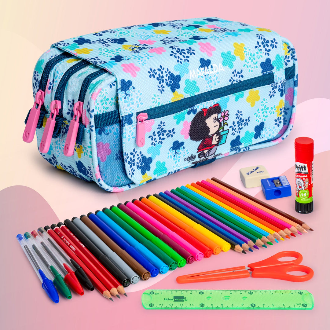 ColePack EcoDes - Estuche Triple de 3 Cremalleras con Material Escolar Incluido. Mafalda Lively