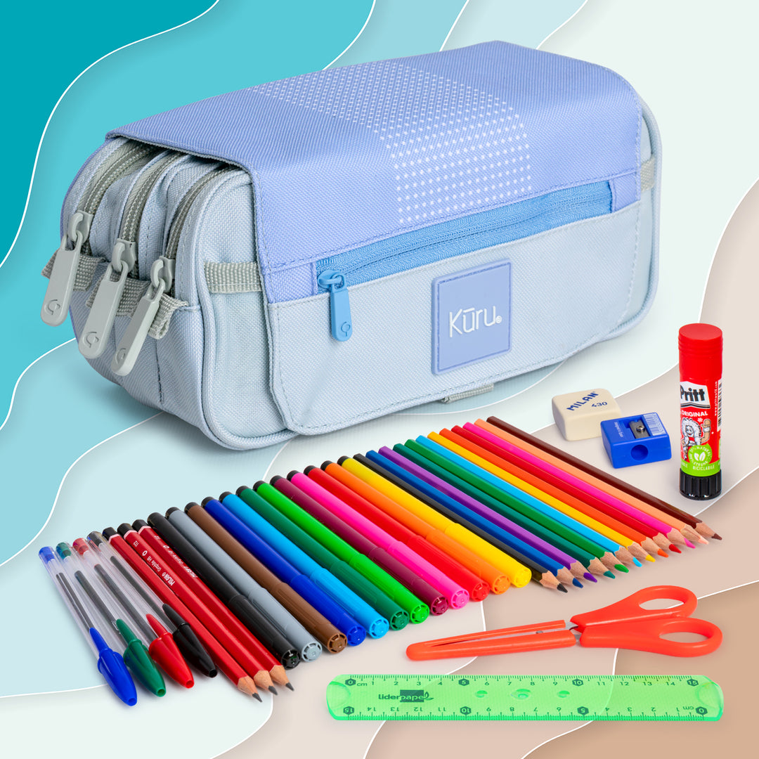 Grafoplás Kuru24 - Estuche Portatodo Triple con Solapa para Material Escolar. Azul