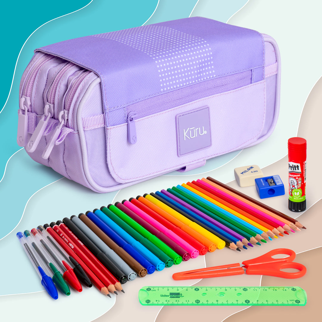 Grafoplás Kuru24 - Estuche Portatodo Triple con Solapa para Material Escolar. Lavanda