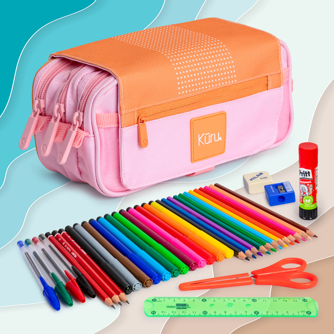 Grafoplás Kuru24 - Estuche Portatodo Triple con Solapa para Material Escolar. Naranja