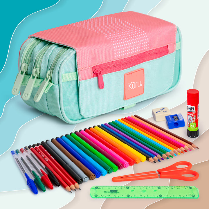 Grafoplás Kuru24 - Estuche Portatodo Triple con Solapa para Material Escolar. Rosa