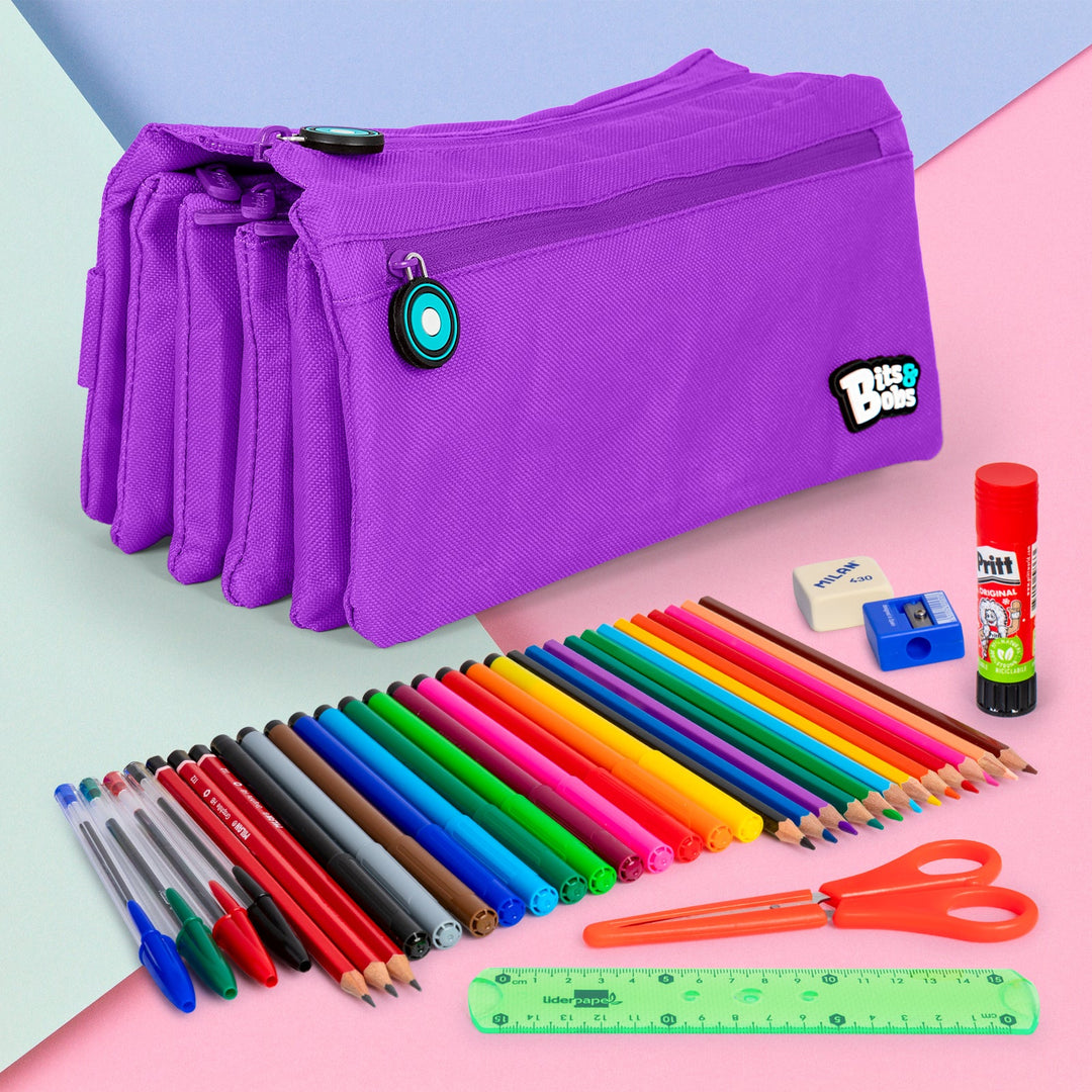 ColePack Eco36 - Estuche Cuadruple de 4 Cremalleras con Material Escolar Incluido. Morado