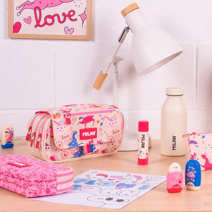 Milan Flowicorn - Estuche Portatodo Triple con Cuatro Cremalleras para Material Escolar