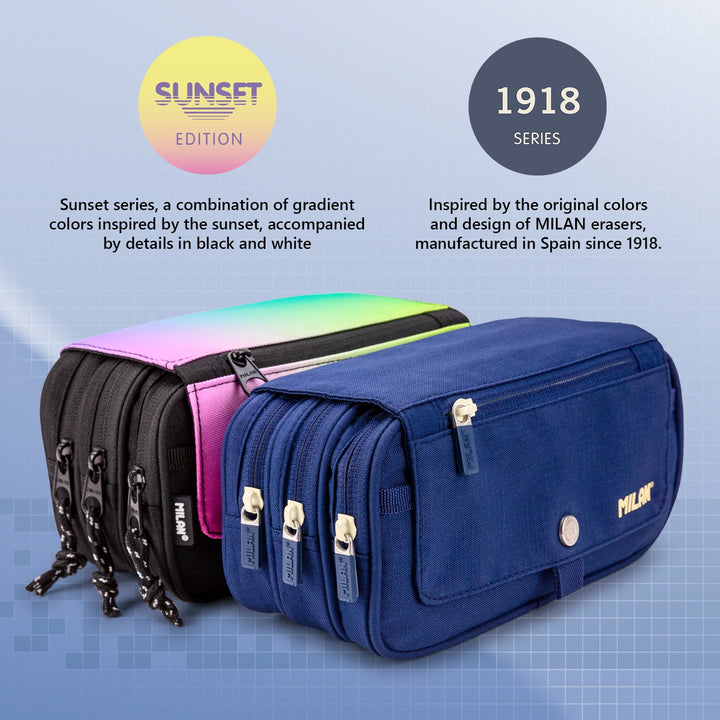 ColePack ECO Milan - Estuche Triple de 3 Cremalleras y Material Escolar Incluido. Azul 1918