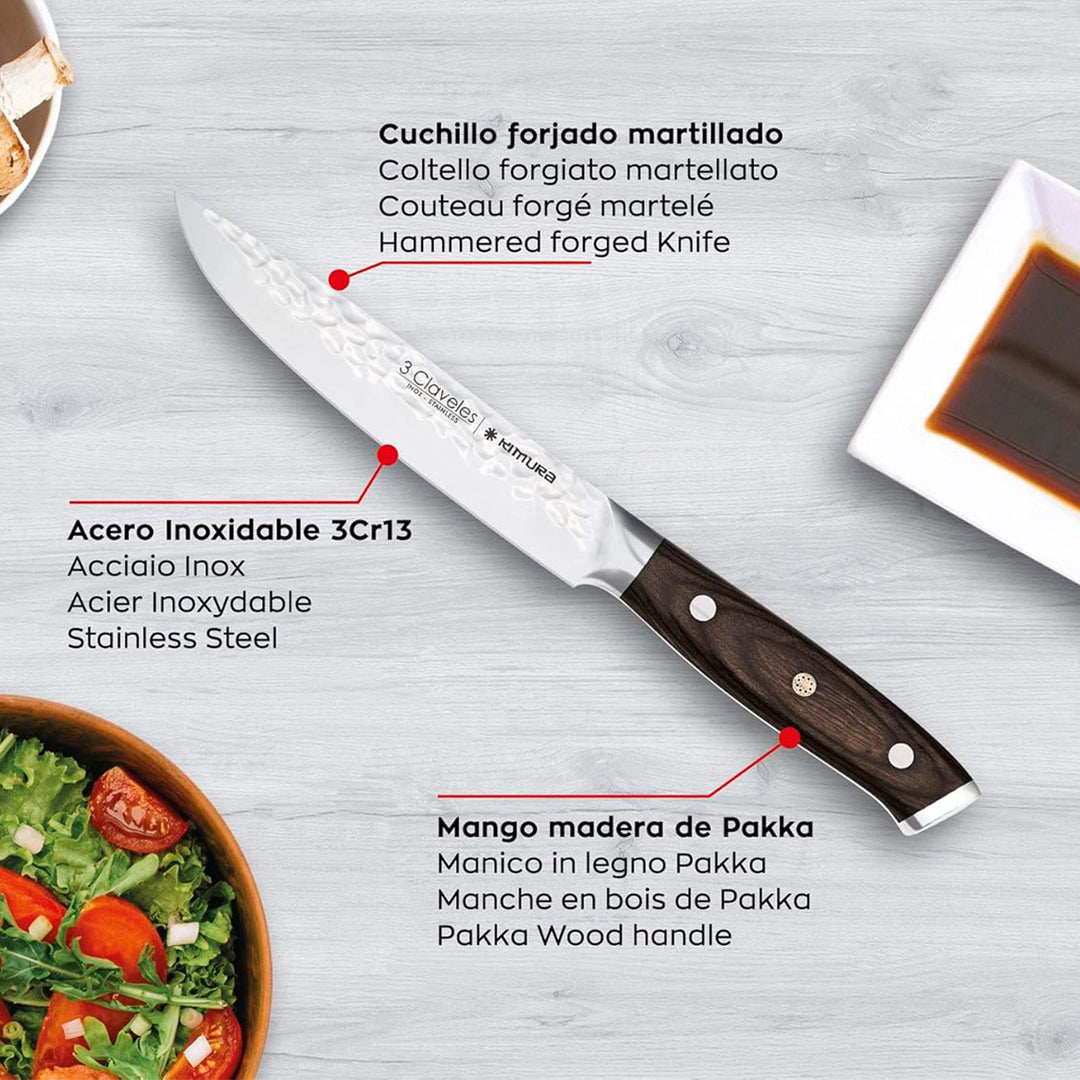 3 Claveles Kimura - Juego de 3 Cuchillos de Acero Forjado Hoja Martilleada Mango Pakka