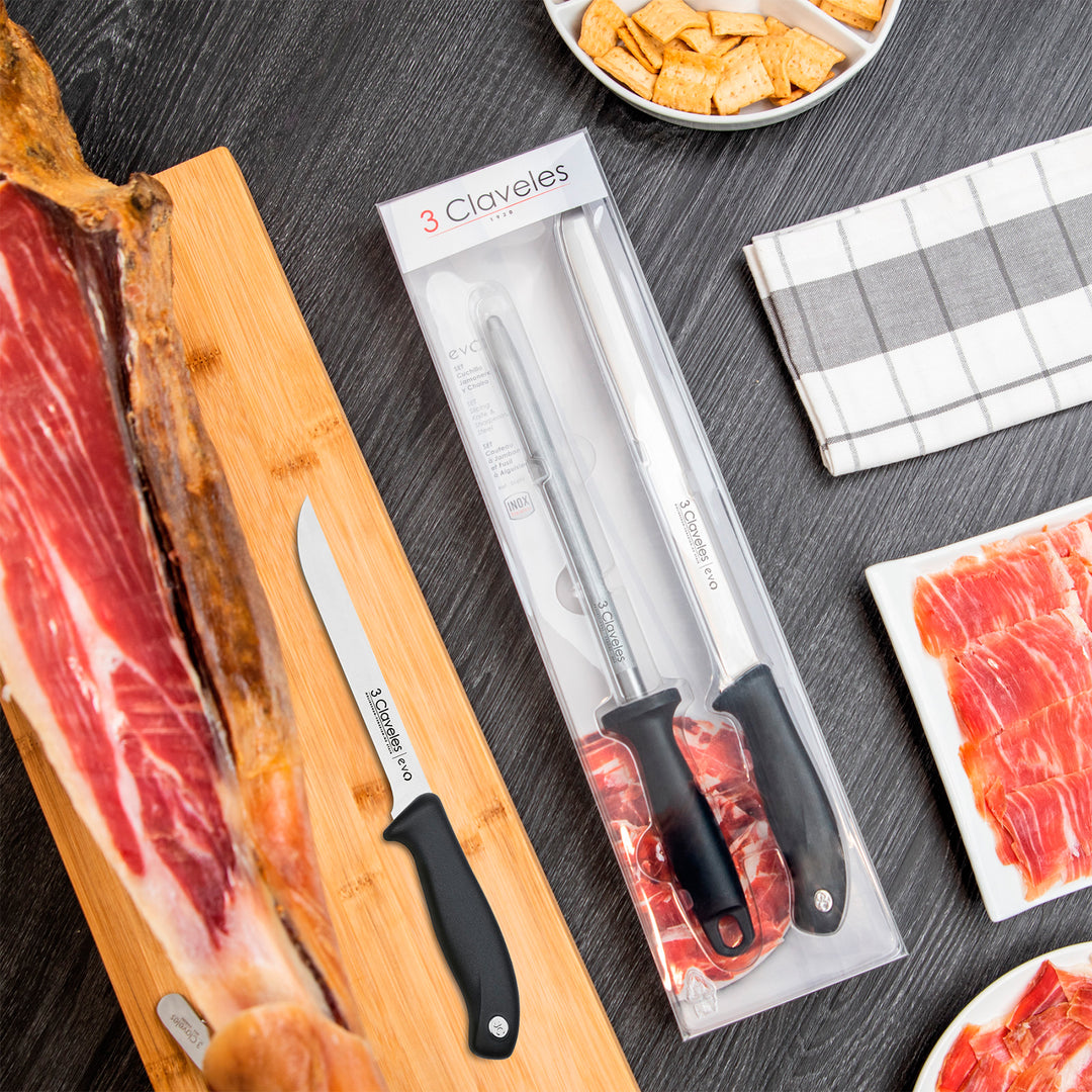 3 Claveles EVO - Kit Profesional de Cuchillo Jamonero Deshuesadores Chaira y Pinzas
