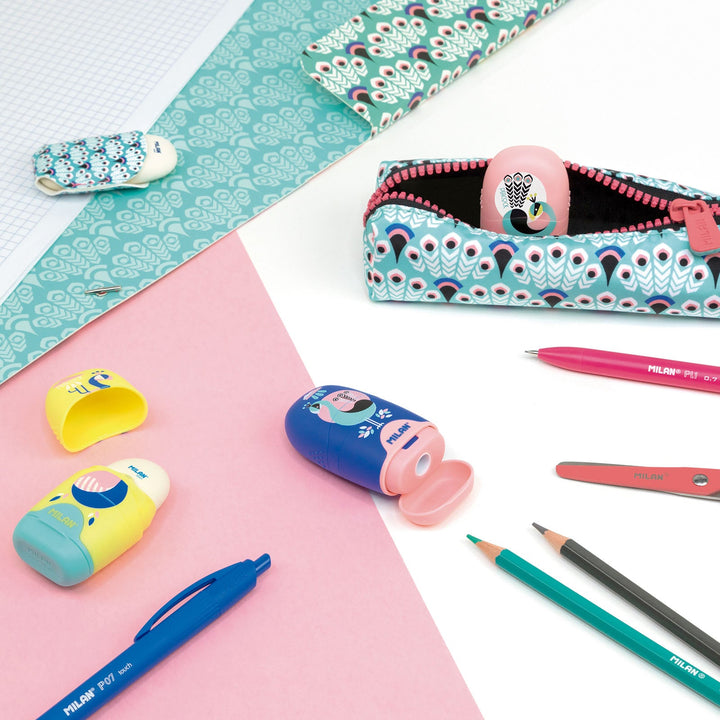 MILAN CAPSULE Peacock - Caja Expositora Afilaborra. Combinación de Goma y Sacapuntas. Colores Surtidos.