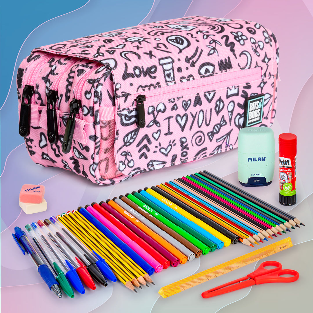 Grafoplás Design - Estuche Portatodo Triple con Solapa para Material Escolar. I Love You