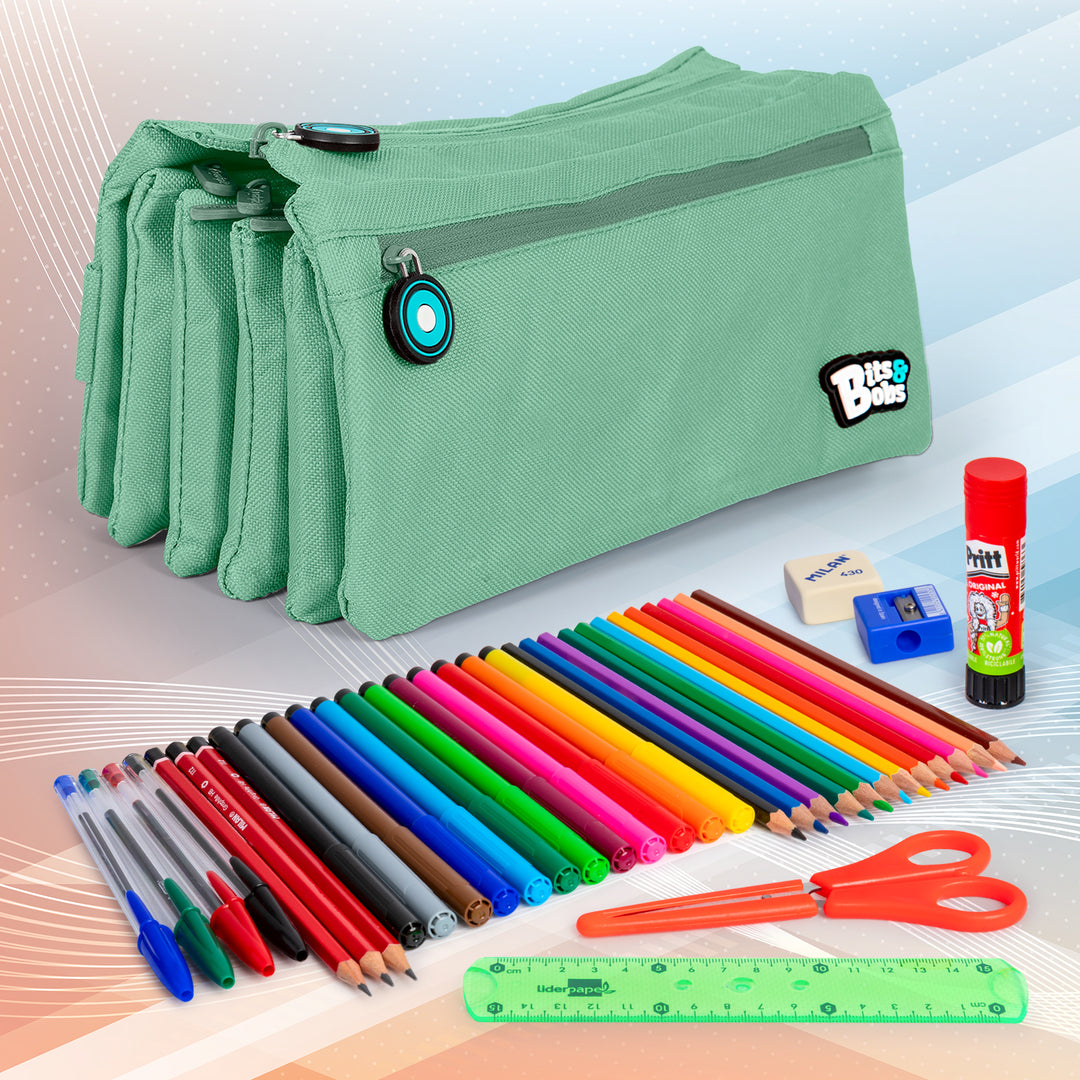 ColePack Eco36 - Estuche Cuadruple de 4 Cremalleras con Material Escolar Incluido. Mint Soft