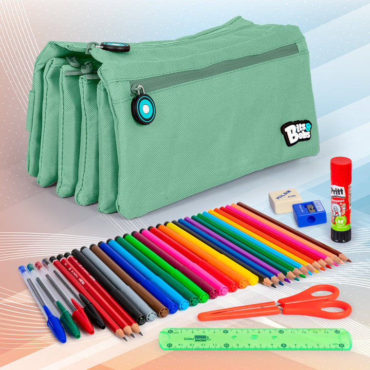 ColePack Eco36 - Estuche Cuadruple de 4 Cremalleras con Material Escolar Incluido. Mint Soft