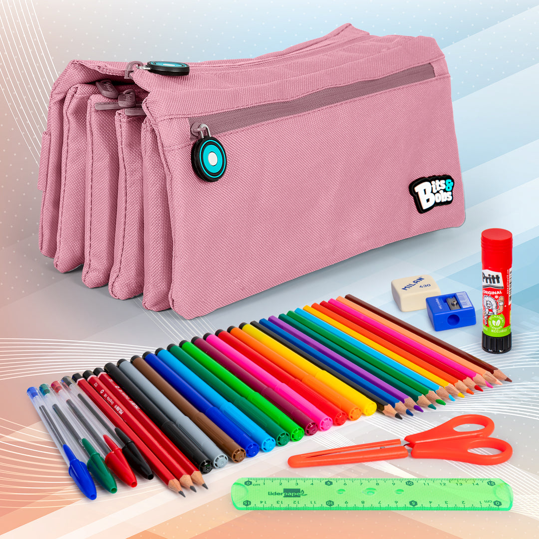 ColePack Eco36 - Estuche Cuadruple de 4 Cremalleras con Material Escolar Incluido. Rosa Soft
