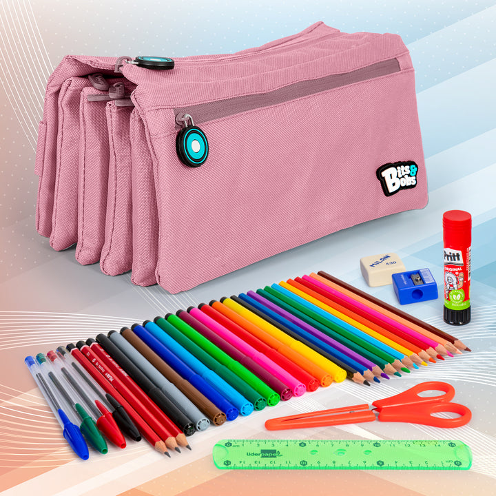 ColePack Eco36 - Estuche Cuadruple de 4 Cremalleras con Material Escolar Incluido. Rosa Soft