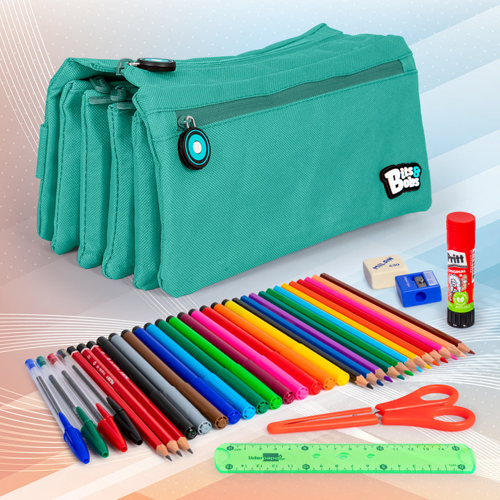 ColePack Eco36 - Estuche Cuadruple de 4 Cremalleras con Material Escolar Incluido. Turquesa