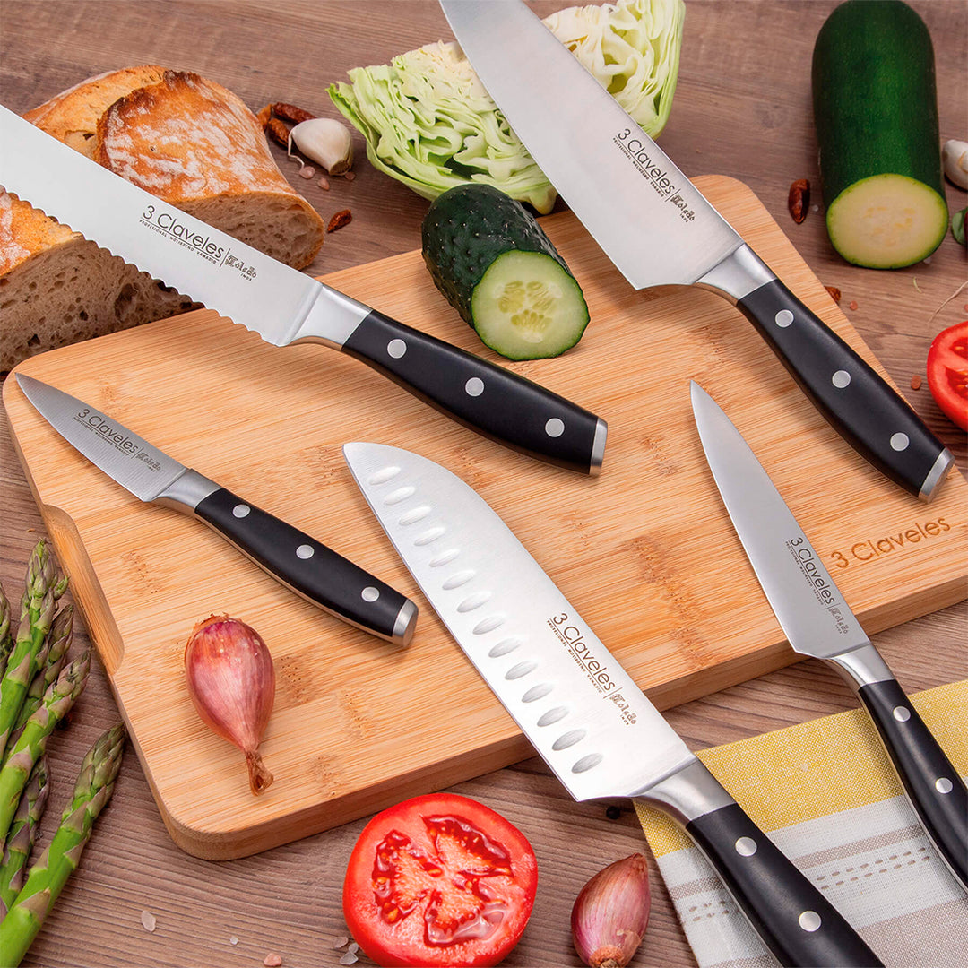 3 Claveles Toledo - Juego de 5 Cuchillos de Cocina y Tijeras. Taco ASH. Forjados en Caliente