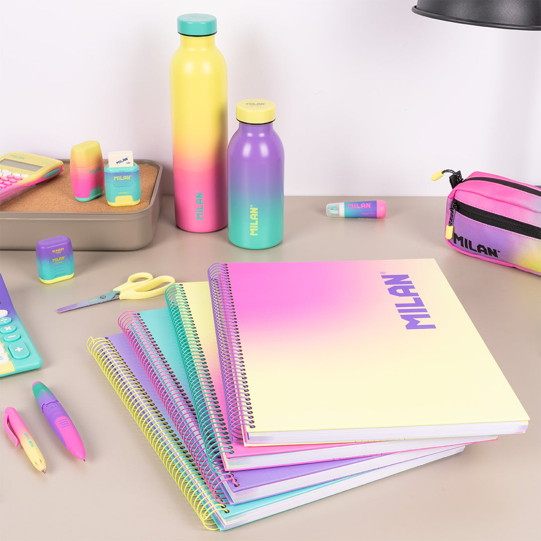 MILAN Sunset - Pack 3 Cuadernos A4 Espiral y Tapa Dura. Papel Cuadriculado 90 Hojas 95gr Lila