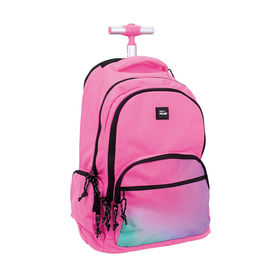 MILAN - Mochila Escolar con Ruedas y 6 Cremalleras, Acolchada y para Portatil. Sunset Rosa