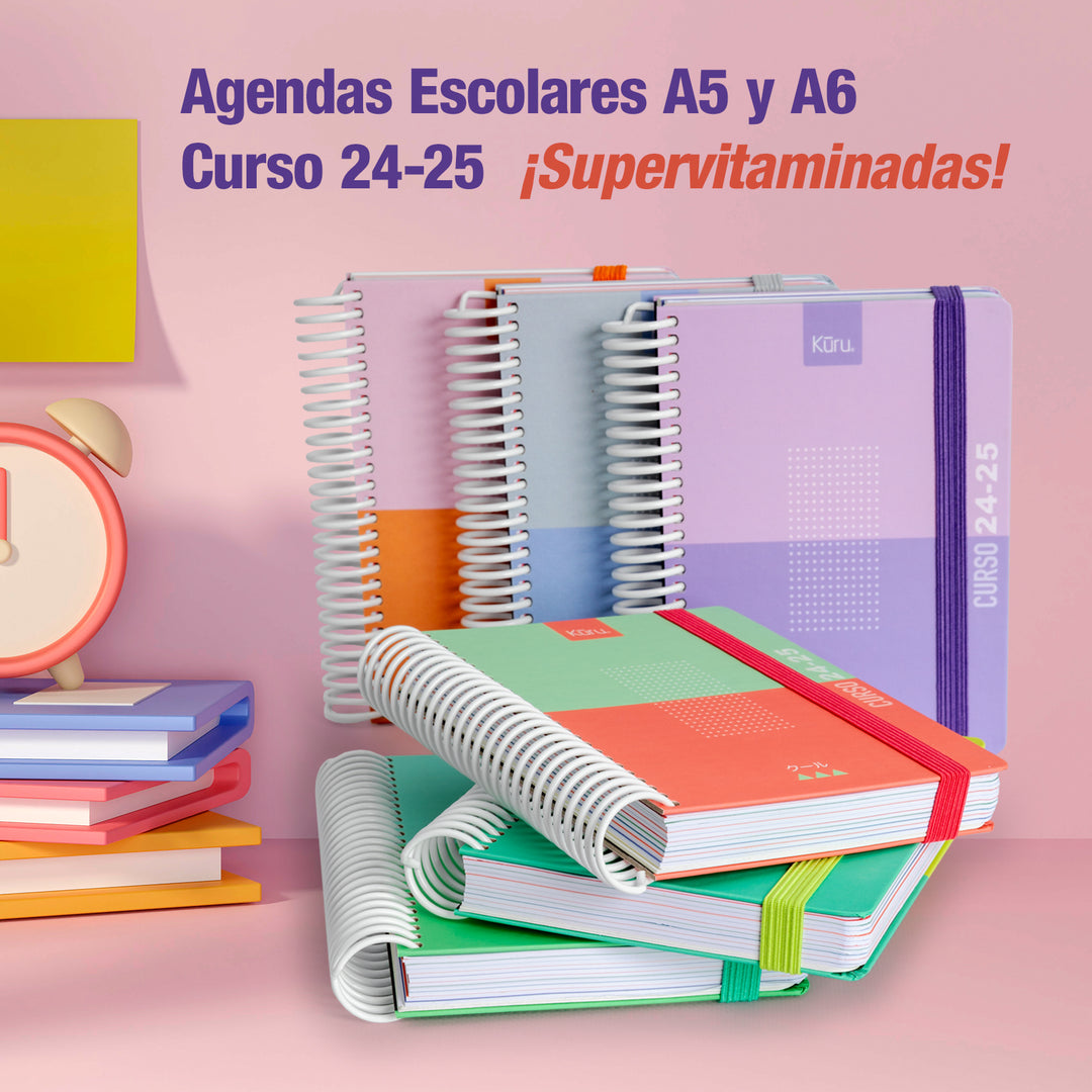 Grafoplás Kuru - Agenda Escolar A5 2 Días Página Curso 24-25. Acabado Soft y Pegatinas. Azul