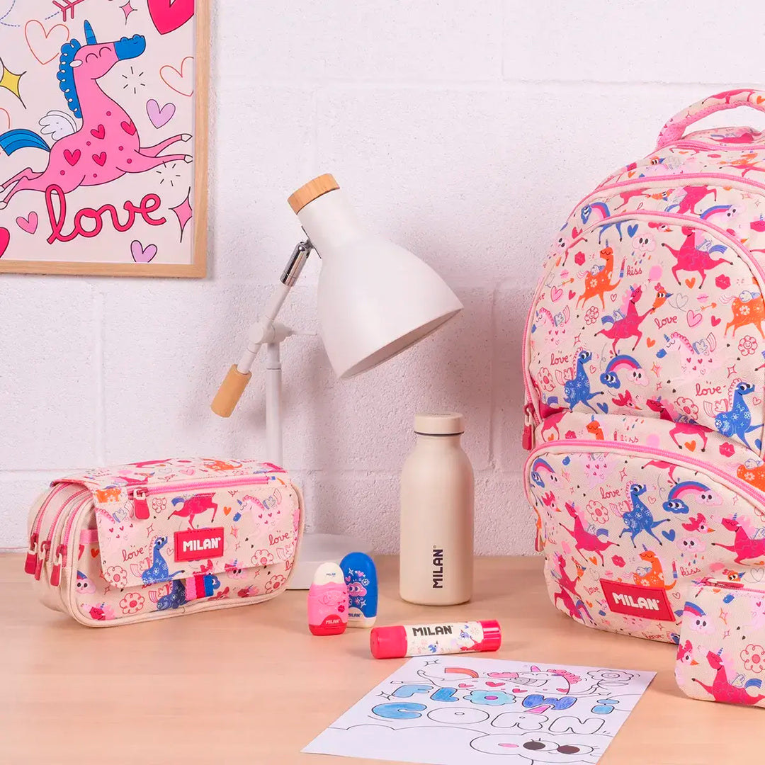Milan Flowicorn - Estuche Portatodo Triple con Cuatro Cremalleras para Material Escolar