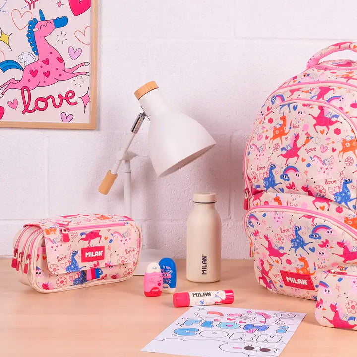 Milan Flowicorn - Estuche Portatodo Triple con Cuatro Cremalleras para Material Escolar