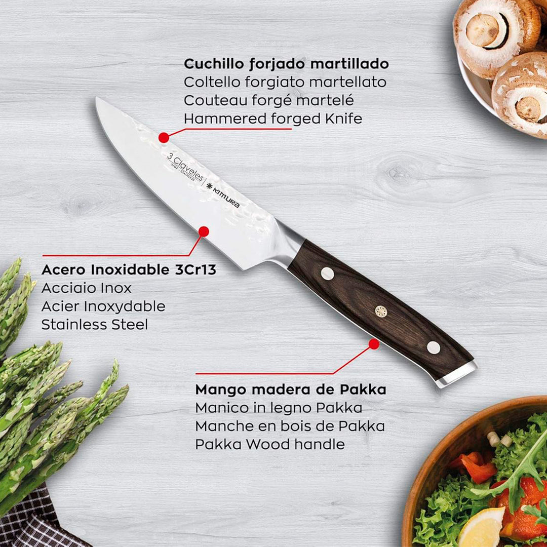 3 Claveles Kimura - Juego de 3 Cuchillos de Acero Forjado Hoja Martilleada Mango Pakka