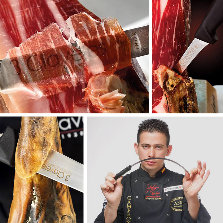 3 Claveles Uniblock - Kit Profesional de Cuchillo Jamonero Deshuesadores Chaira y Pinzas