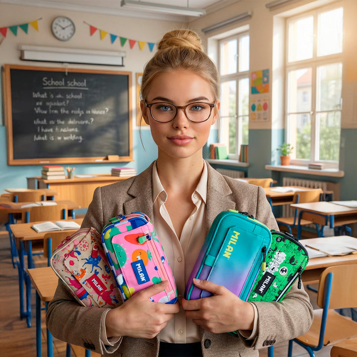 Milan Sunset Turquesa - Estuche Portatodo Triple con Cuatro Cremalleras para Material Escolar