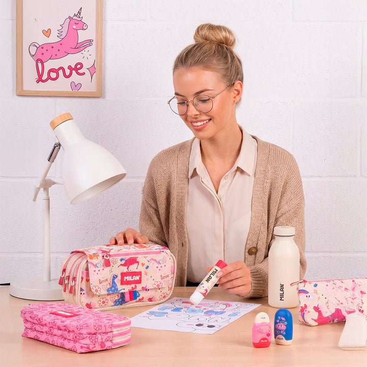 Milan Flowicorn - Estuche Portatodo Triple con Cuatro Cremalleras para Material Escolar