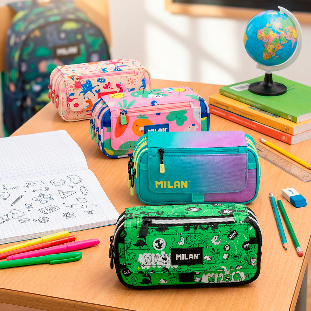 ColePack ECO Milan - Estuche Triple de 3 Cremalleras y Material Escolar Incluido. Flowicorn
